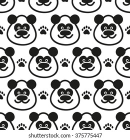 Black and white seamless background of pandas and paws