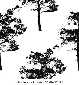 Black and white seamless background with pine tree silhouettes. Forest nature element. Vector illustration.