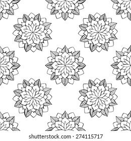 Black and white seamless background with round abstract flower. Oriental ornament. Vector illustration. Black floral silhouette on white background