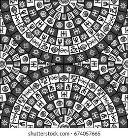 Black and white seamless background with round design and ethnic symbols