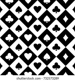 Black and white seamless background with suits of playing cards. Vector illustration