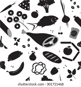 black and white seamless background with vegetables and fruit products