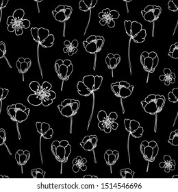 Black and white seamless background.Pattern with flowers and buds.For fabric, paper, packaging, Wallpaper design.White outline drawing on black background.Buttercups.Buttercup.