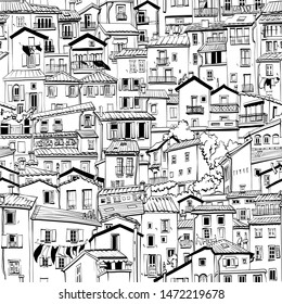 Black and white seamless backgrounfd with typical houses in old town in Menton, France