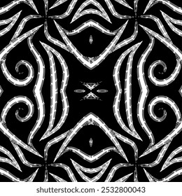 Diseño de fondo de patrón cuadrado de batik dayak sin costuras en blanco y negro