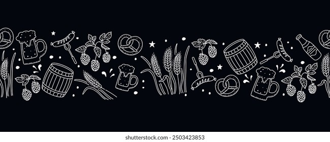 Black and white seamless border with brewing ingredients.Graphic background with hops, barley, glass of beer, barrel, pretzel, sausage, bottle.Brewery design elements set.Vector linear illustration.