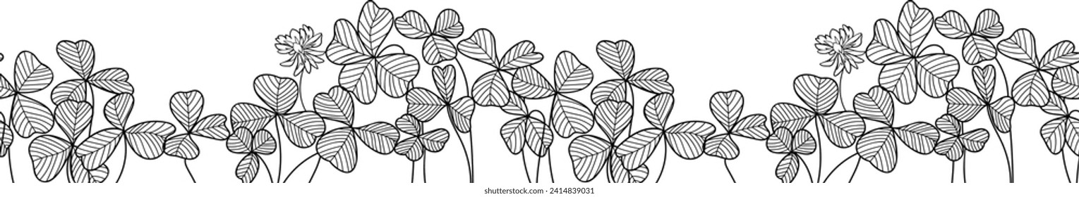 Black and white seamless border with clover leaves. Vector illustration.