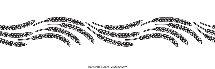 Black and white seamless border with ears of wheat, rye or barley. Hand drawn vector illustration isolated on white background. 
