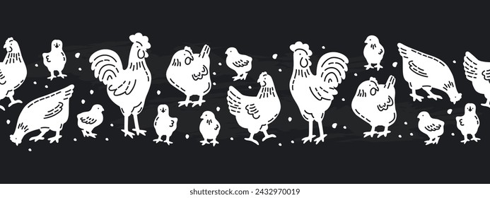 Borde blanco negro sin costuras con siluetas de pollos. Pancarta horizontal con gallinas, pollitos y gallos. Patrón de animales de granja con lindas aves decoradas con líneas y puntos. 