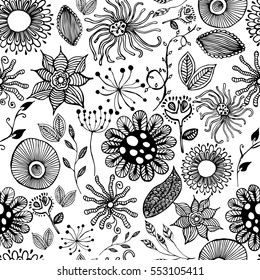  Black and white seamless botanic texture, detailed flowers illustrations. Doodle style, spring floral background.Vector flower pattern.