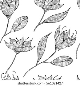  Black and white seamless botanic texture, detailed flowers illustrations. Doodle style, spring floral background.Vector flower pattern.