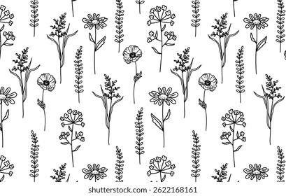 Black and white seamless botanical pattern of hand-drawn wild flowers. Chamomile, poppy, cereals and herbs drawn with black pen on a white background. Suitable for stationery, eco packaging and fabric