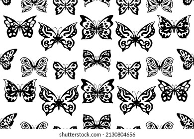 Black and white seamless butterfly pattern. Wrapping, textile pattern with ornate butterflies.	