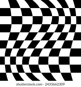 Black and white seamless checker pattern vector illustration. Wavy chess board. Abstract checkered checkerboard for game. Grid geometric square shape. Race flag. Retro mosaic floor.