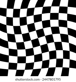 Black and white seamless checker pattern vector illustration. Wavy chess board. Abstract checkered checkerboard for game. Grid geometric square shape. Race flag. Retro mosaic floor.