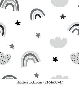 Black and white seamless childish pattern with hand drawn rainbows and hearts, .Creative Scandinavian kids texture for fabric, wrapping, textile, wallpaper, apparel. Vector illustration