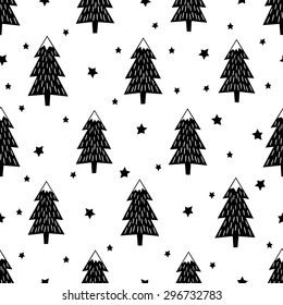 Black and white seamless Christmas pattern - varied Xmas trees, stars and snowflakes. Happy New Year background. Vector design for winter holidays. Child drawing style trees.