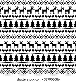 Black and white seamless Christmas pattern, card - Scandinavian sweater style. Cute Christmas background - Xmas trees, deers, hearts and snowflakes. Happy New Year background. 