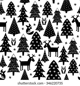 Black   white seamless Christmas pattern     Xmas trees  houses foxes  owls   reindeer  Happy New Year background  Vector design for winter holidays  Child drawing style nature forest illustration