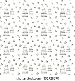 Black and white seamless Christmas pattern - varied Xmas trees and snowflakes. Winter forest illustration. Vector design for winter holidays on white background.Background in the Scandinavian style.