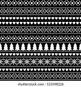 Black and white seamless Christmas pattern, card - Scandinavian sweater style. Simple Christmas background - Xmas trees, hearts and snowflakes. Cute vector design for winter holidays.