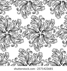 Black and white seamless circle floral pattern for coloring book