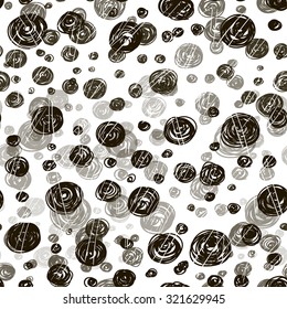 Black and white seamless circle, retro grunge halftone decorative texture background. Hand-drawn vector illustration.