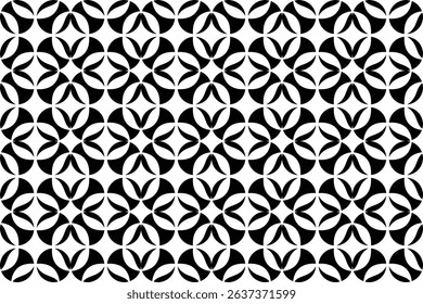 Black and white seamless circular geometric floral pattern background