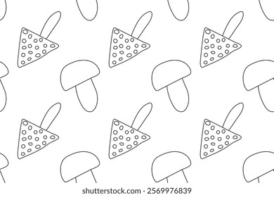 Black and white seamless coloring page featuring various mushrooms and spotted toadstools, perfect for creative projects.