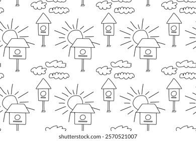 Black and white seamless coloring page with birdhouses, fluffy clouds, and radiant suns, ideal for creative projects.