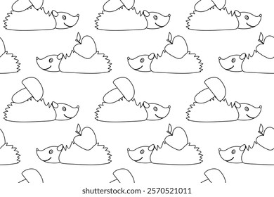 Black and white seamless coloring page featuring cute hedgehogs carrying apples and mushrooms, perfect for creative designs.