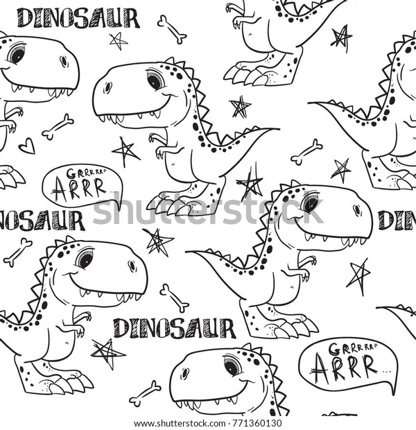 Black White Seamless Cute Dinosaur Pattern Backgrounds Textures