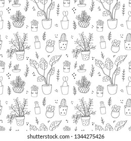 Black and white seamless cute pattern with kind plants in pot. Monstera, cactus, succulent and leaves. Vector illustration 