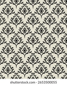 Black And White Seamless Damask Pattern, Elegant And Classic, Ideal For Wallpaper, Fabric, Or Digital Backgrounds.