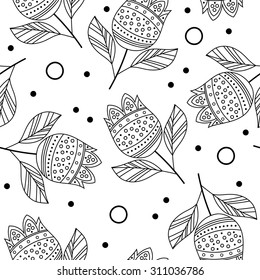 black and white seamless decorative background with tulips and dots