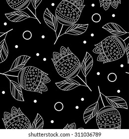 black and white seamless decorative background with tulips and dots