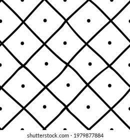 Black and white seamless diagonal plaid background. Hand drawn pattern with diagonal design. Vector abstract plaid wallpaper.