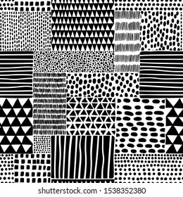 Black and white seamless doodle pattern. Hand-drawn ornament in patchwork style. Ethnic, tribal and african motifs. Hipster print for textile, cover. Vector illustration.