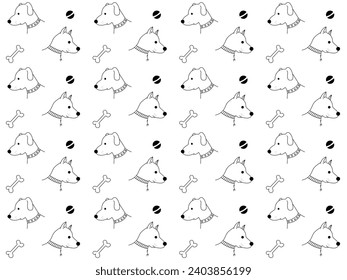 black and white seamless doodle pattern with dogs and bones