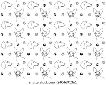 black and white seamless doodle pattern with dogs and cats. One line