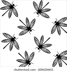 black and white seamless dragonfly pattern.. Vector ornament of a water dragonfly in close-up. The creatures of the wild are seamless. Butterfly girls with wings.