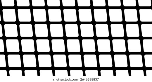 Black and white seamless endless repeating pattern in form of lattice, grid with square holes with rounded smooth edges with diagonal offset. Vector illustration on an isolated background.
