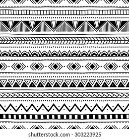 Black and white seamless ethnic background. Vector illustration. Drawing by hand.