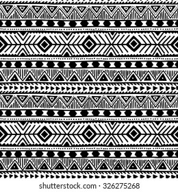 Black and white seamless ethnic background. Vector illustration. Drawing by hand.