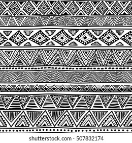Black and white seamless ethnic background. Vector illustration. Drawing by hand.