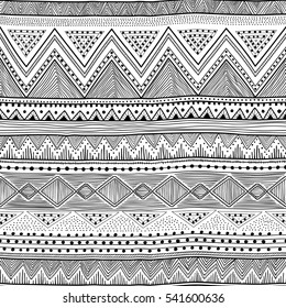 Black and white seamless ethnic background. Vector illustration. Drawing by hand.