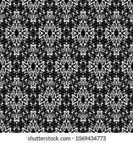 Black and White Seamless Ethnic Boho Pattern. Ikat. Vintage, Grunge, Abstract Tribal Background for Surface Design, Textile, Wallpaper, Surface Textures, Wrapping Paper