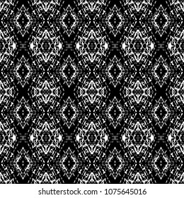 Black and White Seamless Ethnic Boho Pattern. Ikat. Vintage, Grunge, Abstract Tribal Background for Surface Design, Textile, Wallpaper, Surface Textures, Wrapping Paper