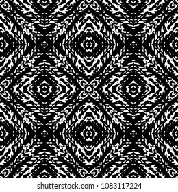 Black and White Seamless Ethnic Boho Pattern. Ikat. Vintage, Grunge, Abstract Tribal Background for Surface Design, Textile, Wallpaper, Surface Textures, Wrapping Paper