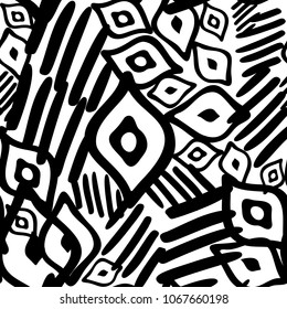 Black and White Seamless Ethnic Pattern. Tribal. Vintage, Grunge, Abstract Tribal Background for Surface Design, Textile, Wallpaper, Surface Textures, Wrapping Paper